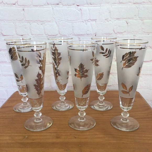 Vintage Libbey Frosted Golden Foliage Pilsner Beer Wine Glasses - Set of 6 - Picture 1 of 8